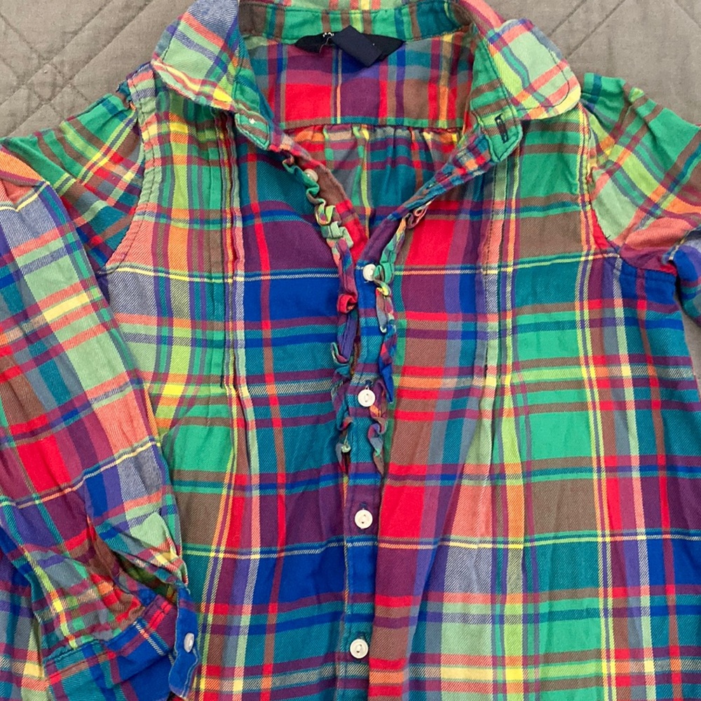 Girls sz 6 Ralph Lauren plaid Button up shirt pleated rainbow colors ruffles